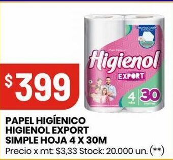 Changomas Papel higíenico higienol export simple hoja 4 x 30m oferta