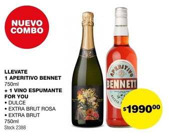Atomo Conviene LLEVATE 1 APERITIVO BENNET 750ml + 1 VINO ESPUMANTE FOR YOU 750ml oferta