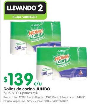 Jumbo Jumbo Rollos de cocina 3un. x 100 paños c/u oferta