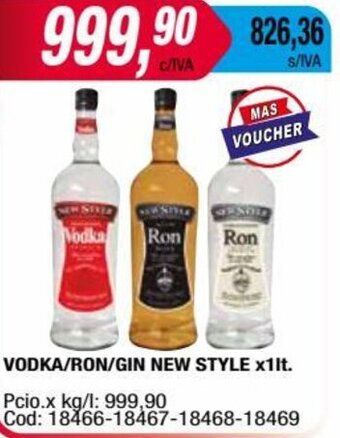 Maxiconsumo VODKA/RON/GIN NEW STYLE x 1lt oferta