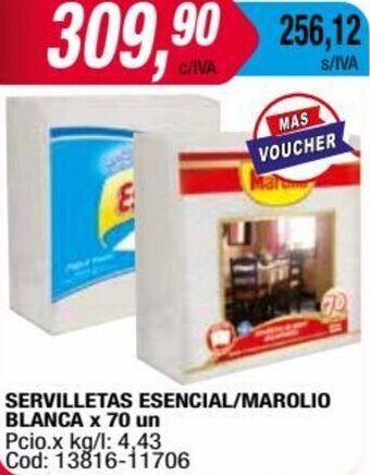 Maxiconsumo SERVILLETAS ESENCIAL/MAROLIO BLANCA x 70 un oferta