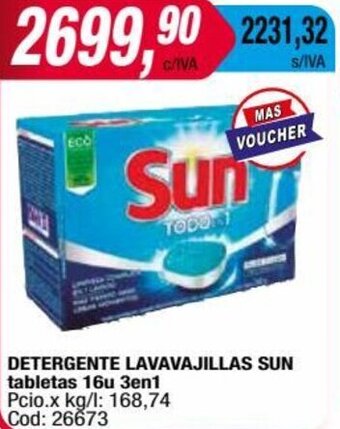 Maxiconsumo DETERGENTE LAVAVAJILLAS SUN tabletas 16u 3en1 oferta
