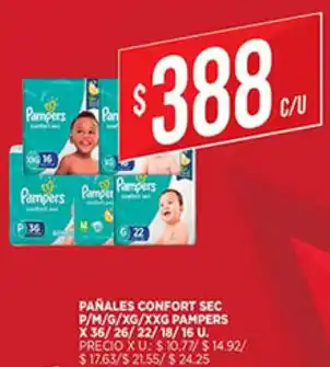 Supermercados DIA Pañales Confort Sec P/M/G/XG/XXG Pampers x 36/26/22/18/16 u oferta