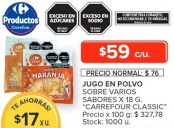 Carrefour CARREFOUR CLASSIC JUGO EN POLVO SOBRE VARIOS SABORES X 18 G oferta