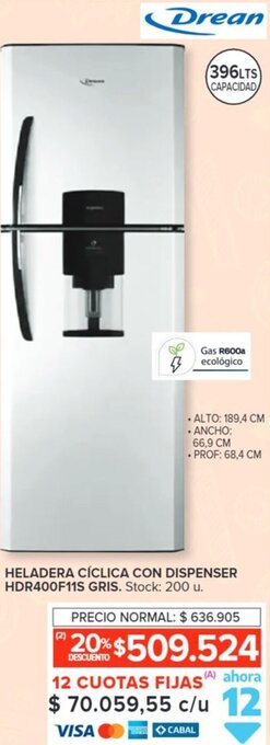 Carrefour DREAN HELADERA CÍCLICA CON DISPENSER 396lTS oferta
