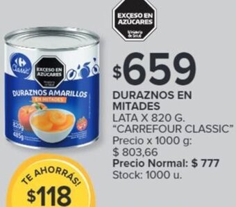 Carrefour DURAZNOS EN MITADES LATA X 820 G oferta