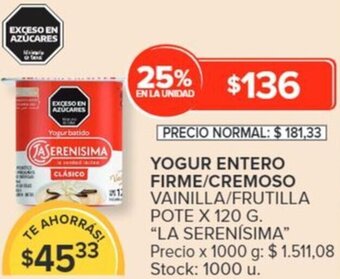 Carrefour YOGUR ENTERO FIRME/CREMOSO VAINILLA/FRUTILLA POTE X 120 G oferta