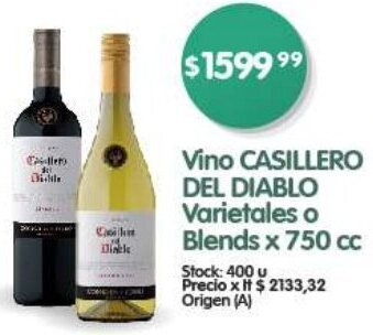 Supermercados Buenos Días Vino CASILLERO DEL DIABLO Varietales o Blends x 750 cc oferta