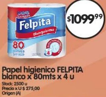Supermercados Buenos Días Papel higienico FELPITA blanco x 80mts x 4 u oferta
