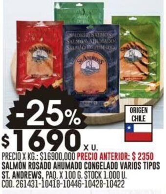 Coto SALMON ROSADO AHUMADO CONGELADO VARIOS TIPOS ST. ANDREWS, PAQ. X 100 G oferta