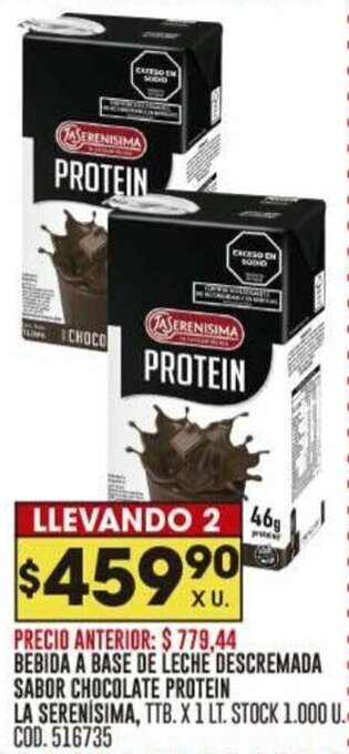Coto BEBIDA A BASE DE LECHE DESCREMADA SABOR CHOCOLATE PROTEIN LA SERENISIMA TTB. X 1 LT oferta