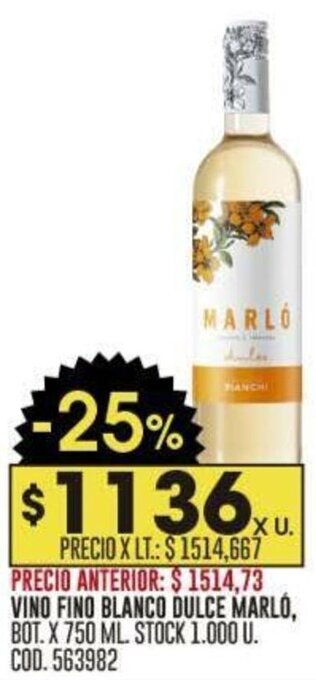Coto VINO FINO BLANCO DULCE MARLO BOT X 750 ML oferta