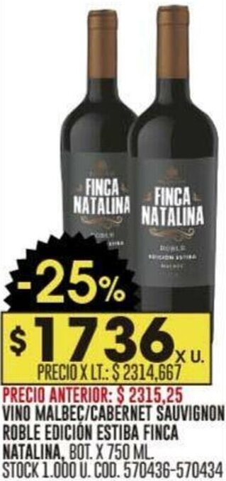 Coto VINO MALBEC/CABERNET SAUVIGNON ROBLE EDICIÓN ESTIBA FINCA NATALINA BOT X 750 ML oferta