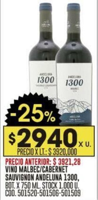 Coto VINO MALBEC/CABERNET SAUVIGNON ANDELUNA 1300 BOT X 750 M oferta