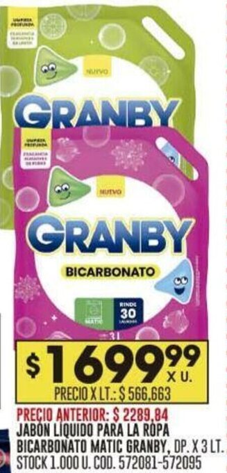 Coto JABÓN LIQUIDO PARA LA ROPA BICARBONATO MATIC GRANBY DP  X 3 LT oferta