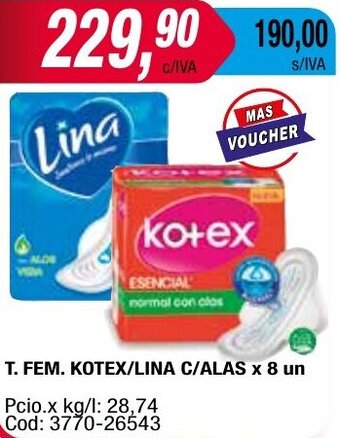 Maxiconsumo T. FEM. KOTEX/LINA C/ALAS x 8 un oferta