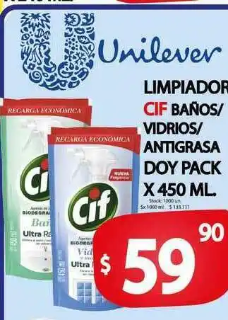 Supermercados Mariano Max Limpiador Cif Baños Vidrios Antigrasa Doy Pack x 450 ml oferta