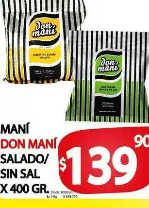 Supermercados Mariano Max Maní Don Maní Salado Sin Sal x 400 gr oferta