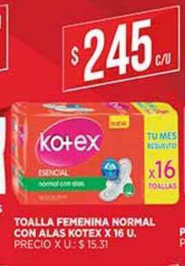 Supermercados DIA Toalla Femenina Normal Con Alas Kotex x 16 u oferta