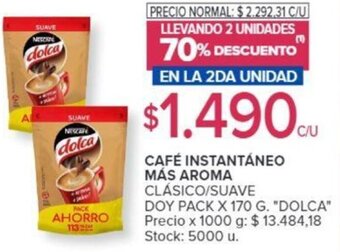 Carrefour CAFÉ INSTANTÁNEO MÁS AROMA CLÁSICO/SUAVE DOY PACK X 170 G. oferta