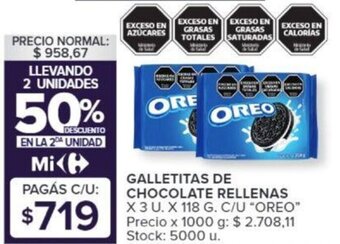 Carrefour GALLETITAS DE CHOCOLATE RELLENAS X 3U X 118G oferta