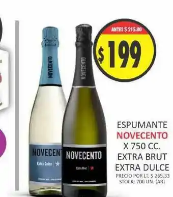 Supermercados Becerra Espumante Novencento Extra Brut Extra Dulce x 750cc oferta