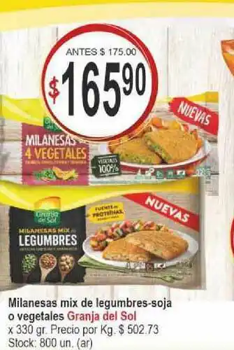 Supermercados Becerra Granja Del Sol Milanesas Mix De Legumbres-soja O Vegetales x 330gr oferta