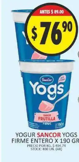 Supermercados Becerra Sancor Yogur Yogs Firme Entero x 190gr oferta