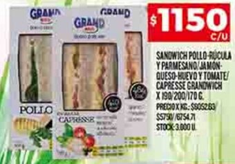 Supermercados DIA SANDWICH POLLO-RUCULA Y PARMESANO JAMON QUESO-HUEVO Y TOMATE CAPRESSE GRANDWICH X190/200/170 G oferta