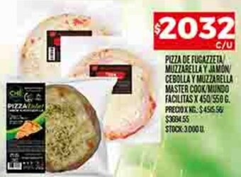 Supermercados DIA PIZZA DE FUGAZZETA MUZZARELLA Y JAMON/ CEBOLLA Y MUZZARELLA MASTER COOK/MUNDO FACILITAS X 450/550 G. oferta