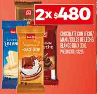 Supermercados DIA CHOCOLATE CON LECHE MANI/DULCE DE LECHE BLANCO DIA X 30 G oferta