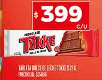 Supermercados DIA TABLETA DULCE DE LECHE TOKKE X 72 G oferta