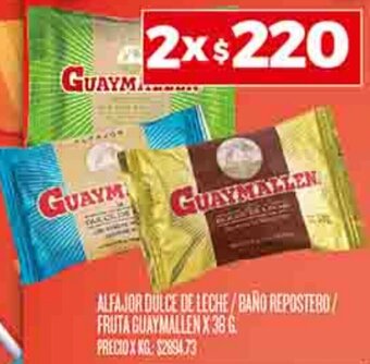 Supermercados DIA ALFAJOR DULCE DE LECHE/BAÑO REPOSTERO/ FRUTA GUAYMALLEN X 38 G oferta