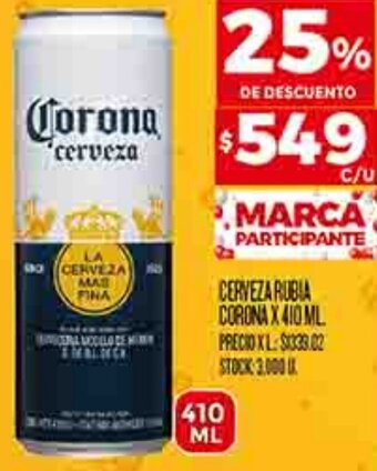 Supermercados DIA CERVEZA RUBIA CORONA X 410 ML oferta