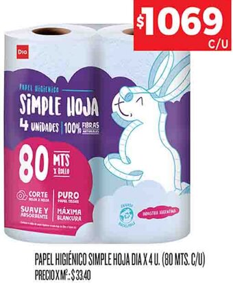 Supermercados DIA PAPEL HIGIÉNICO SIMPLE HOJA DIA X 4 U. oferta