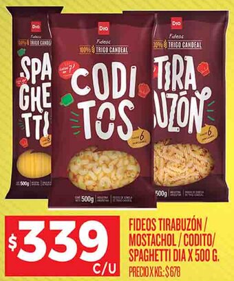 Supermercados DIA FIDEOS TIRABUZÓN/ MOSTACHOL/CODITO/ SPAGHETTI DIA X 500 G. oferta