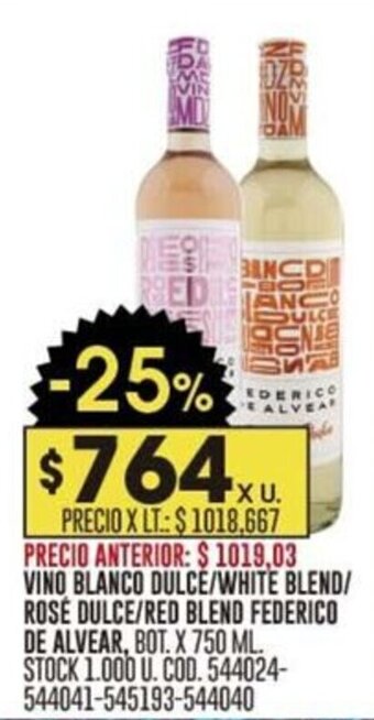 Coto VINO BLANCO DULCE / WHITE BLEND / ROSE DULCE / RED BLEND FEDERICO DE ALVEAR, BOT. X 750 ML. oferta