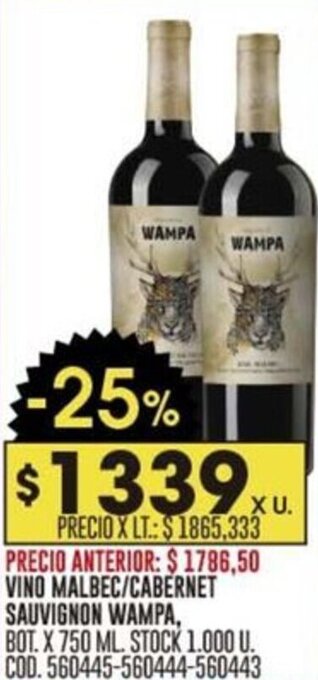 Coto VINO MALBEC / CABERNET SAUVIGNON WAMPA, BOT. X 750 ML oferta