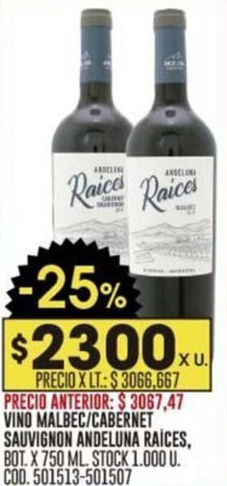 Coto VINO MALBEC / CABERNET SAUVIGNON ANDELUNA RAÍCES, BOT. X 750 ML oferta