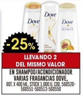 Coto EN SHAMPOO / ACONDICIONADOR VARIAS FRAGANCIAS DOVE, BOT. X 400 ML. LLEVANDO 2 oferta