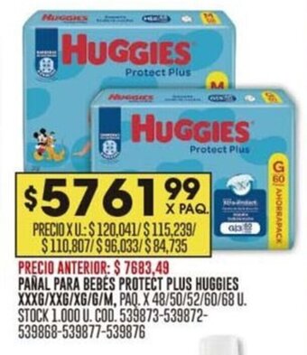 Coto PAÑAL PARA BEBÉS PROTECT PLUS HUGGIES XXXG / XXG / XG / G / M, PAQ. X 48 / 50 / 52  /60 / 68 U. oferta