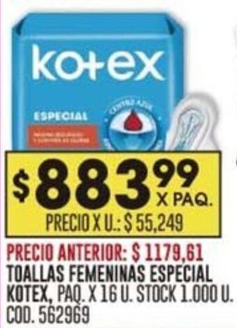 Coto TOALLAS FEMENINAS ESPECIAL KOTEX, PAQ. X 16 U. oferta