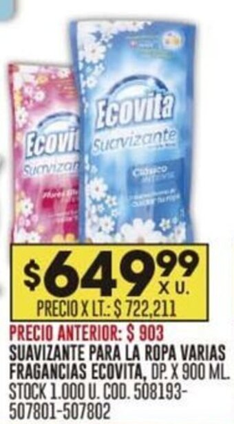 Coto SUAVIZANTE PARA LA ROPA VARIAS FRAGANCIAS ECOVITA, DP. X 900 ML. oferta
