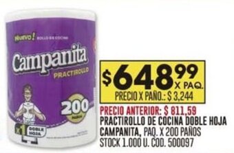Coto PRACTIROLLO DE COCINA DOBLE HOJA CAMPANITA, PAQ. X 200 PAÑOS oferta