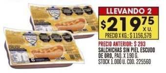 Coto SALCHICHAS SIN PIEL ESCUDO DE ORO, PAQ. X 190 G. LLEVANDO 2 oferta