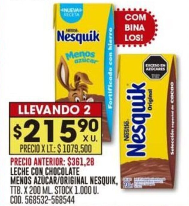 LECHE CON CHOCOLATE MENOS AZUCAR / ORIGINAL NESQUIK, TTB. X 200 ML