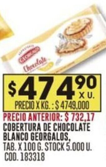 Coto COBERTURA DE CHOCOLATE BLANCO GEORGALOS, TAB. X 100 G. oferta