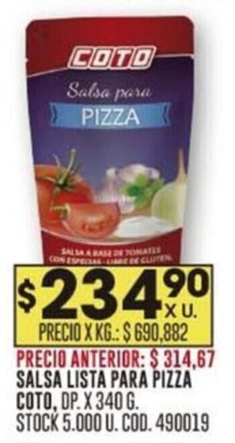 Coto SALSA LISTA PARA PIZZA COTO, DP. X 340 G. oferta
