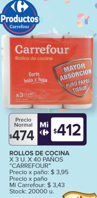 Carrefour ROLLOS DE COCINA X 3 U. X 40 PAÑOS oferta