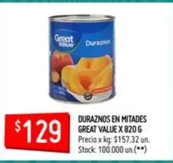 Changomas Great Value Duraznos En Mitades x 820g oferta